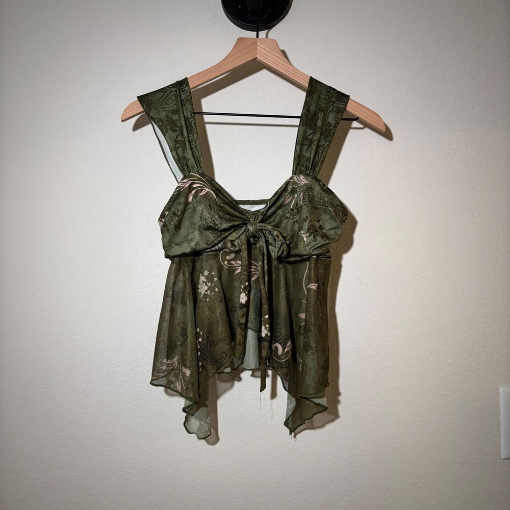 Cami Top Mesh Floral Paisley Size M Sheer Green Fairycore Whimsigoth